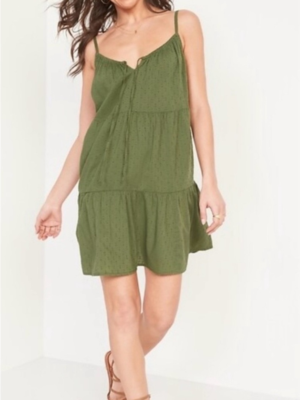 Old Navy Tiered Clip-Dot Mini Cami Swing Dress Green Swiss Dot Boho Pockets L